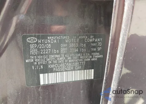 2008 Hyundai Elantra Gls/Se from USA, damaged, VIN KMHDU46D58U585777